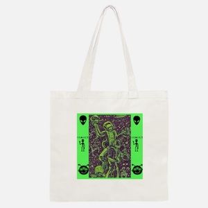 This is a cotton tote bag with an alien design printed on it from RenderAI.